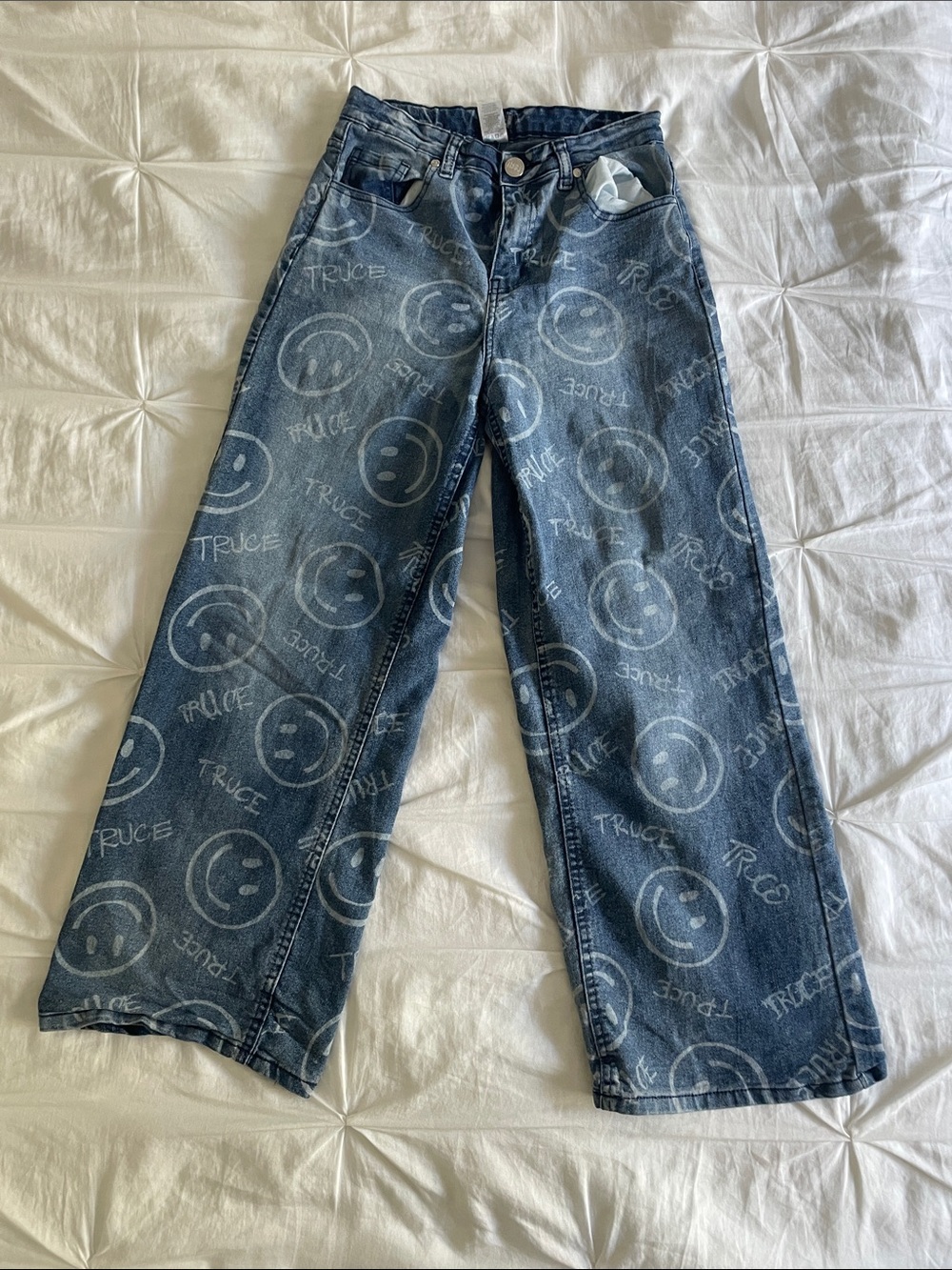 Kids Blue Smiley-Print Wide Leg Jeans